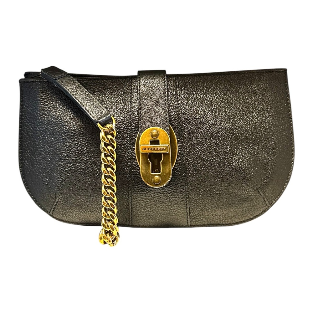Burberry Black Leather Wristlet with Gold Chain